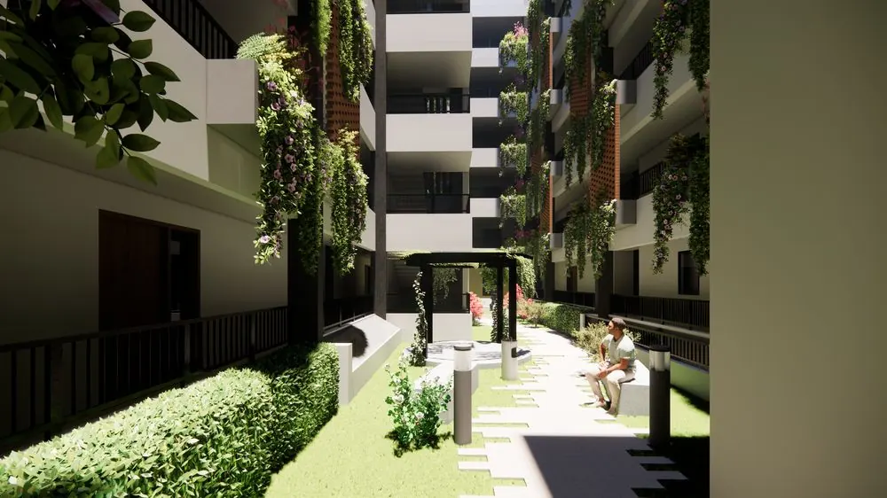 Pergola and seating in the landscaped courtyard