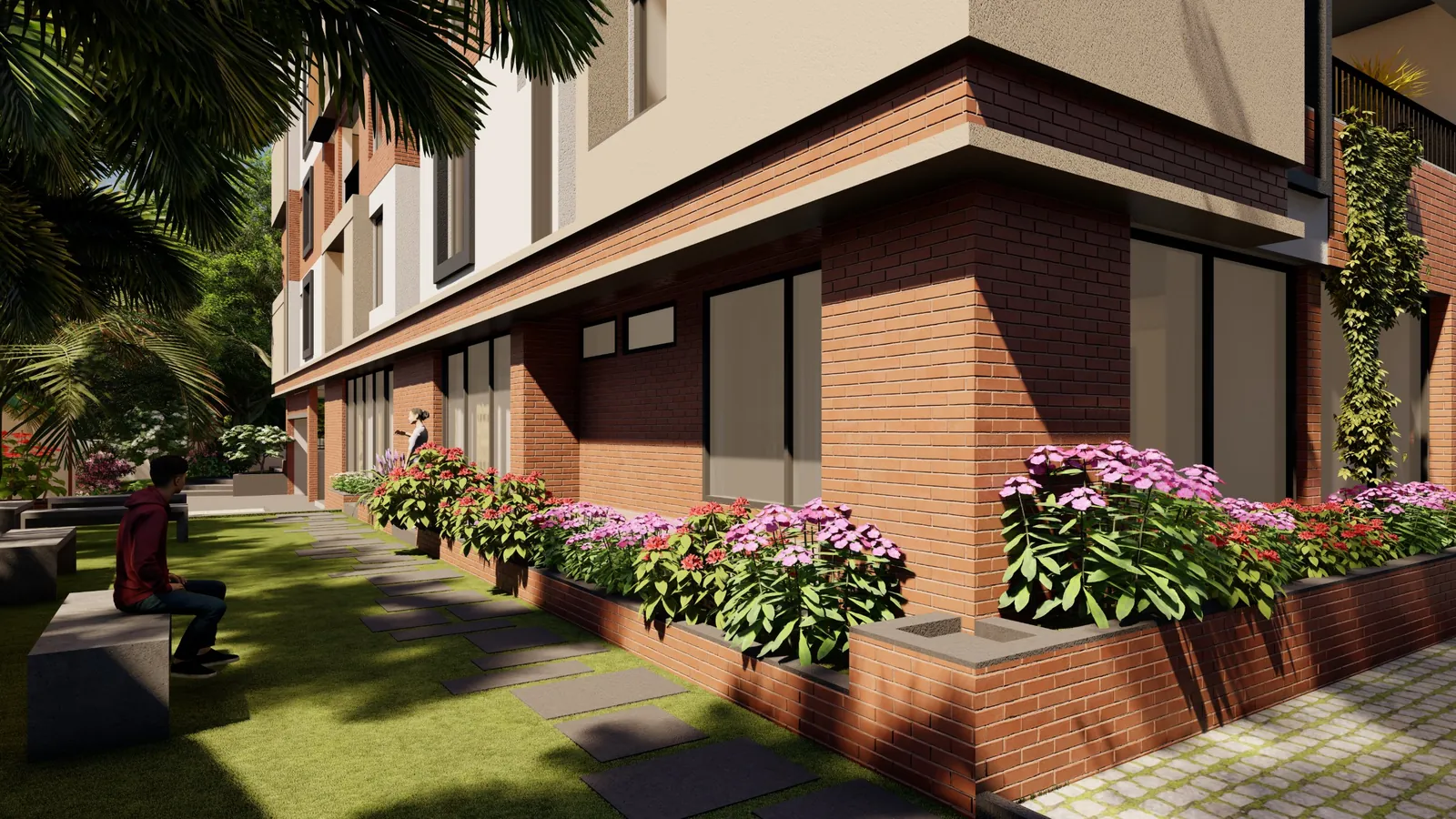 Lawn, stepping-stone path and seating in the landscaped setback
