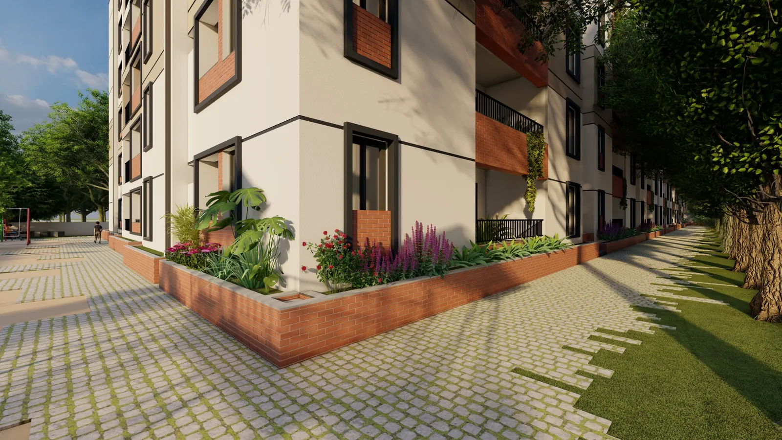 Paved walkways and planters along two sides of the building, with no vehicles